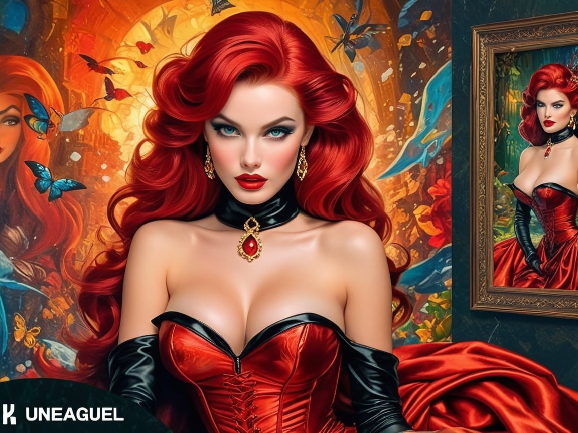 Glamorous Woman in Red Gown with Artistic Backdrop