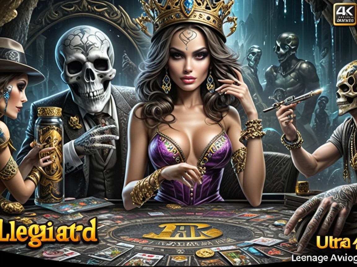 Dramatic Casino Scene with Glamorous Woman and Skeletons