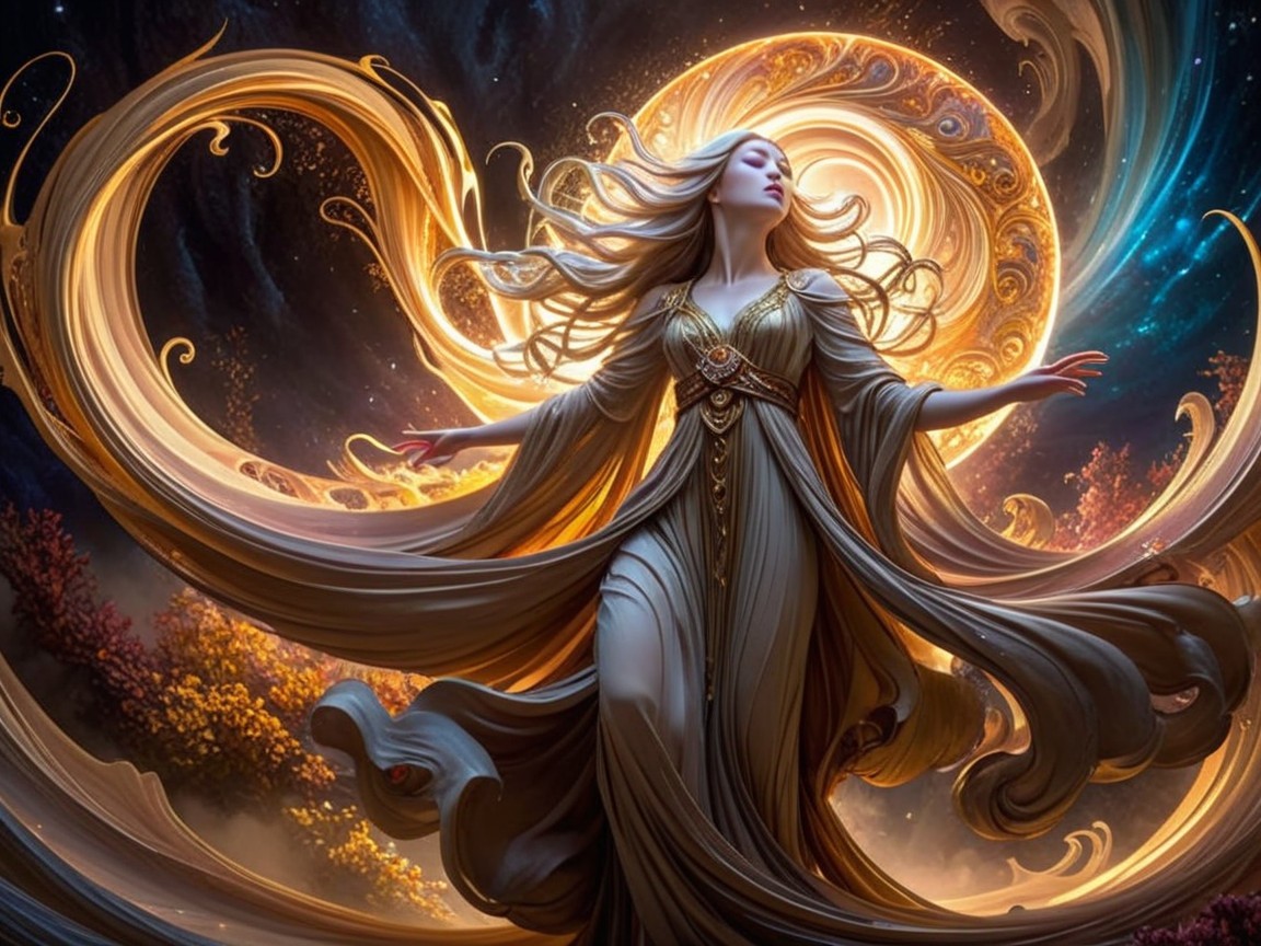 Celestial Figure Surrounded by Golden Light and Galaxies