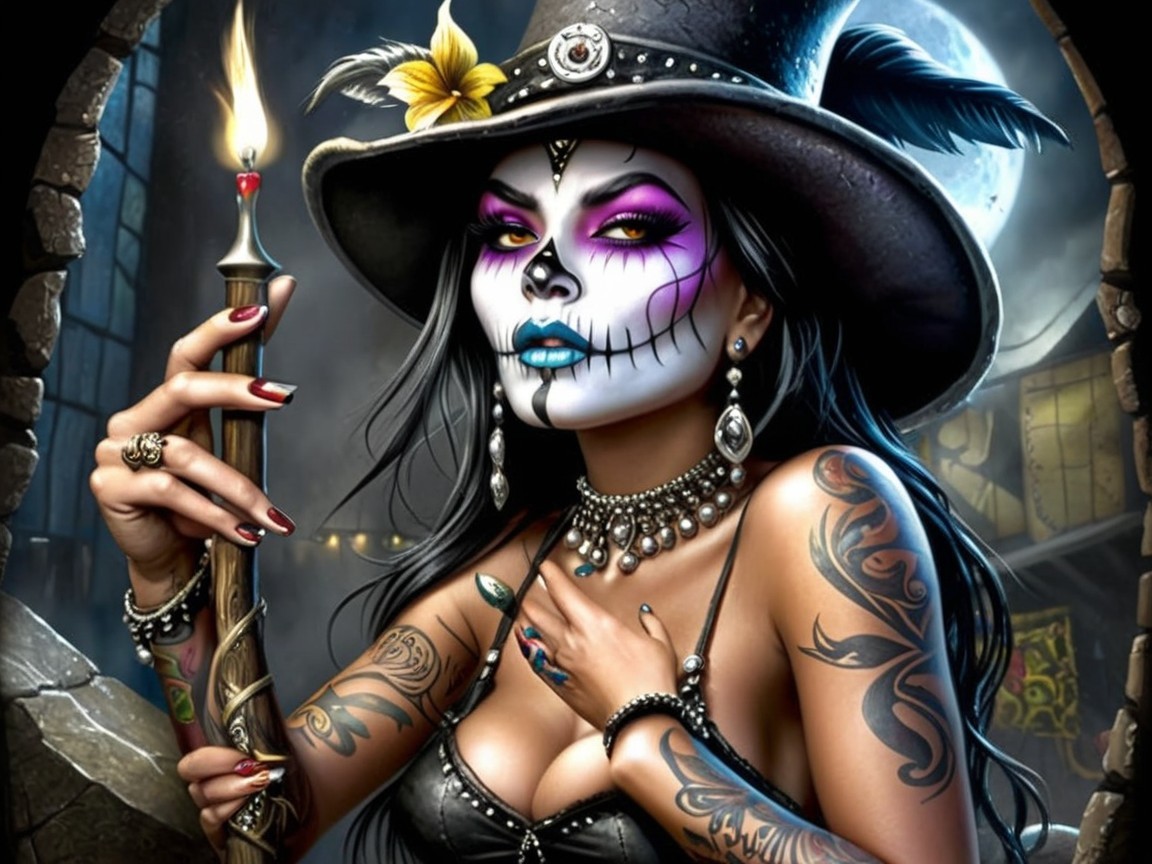 Woman with Tattoos and Face Paint in Dark Setting