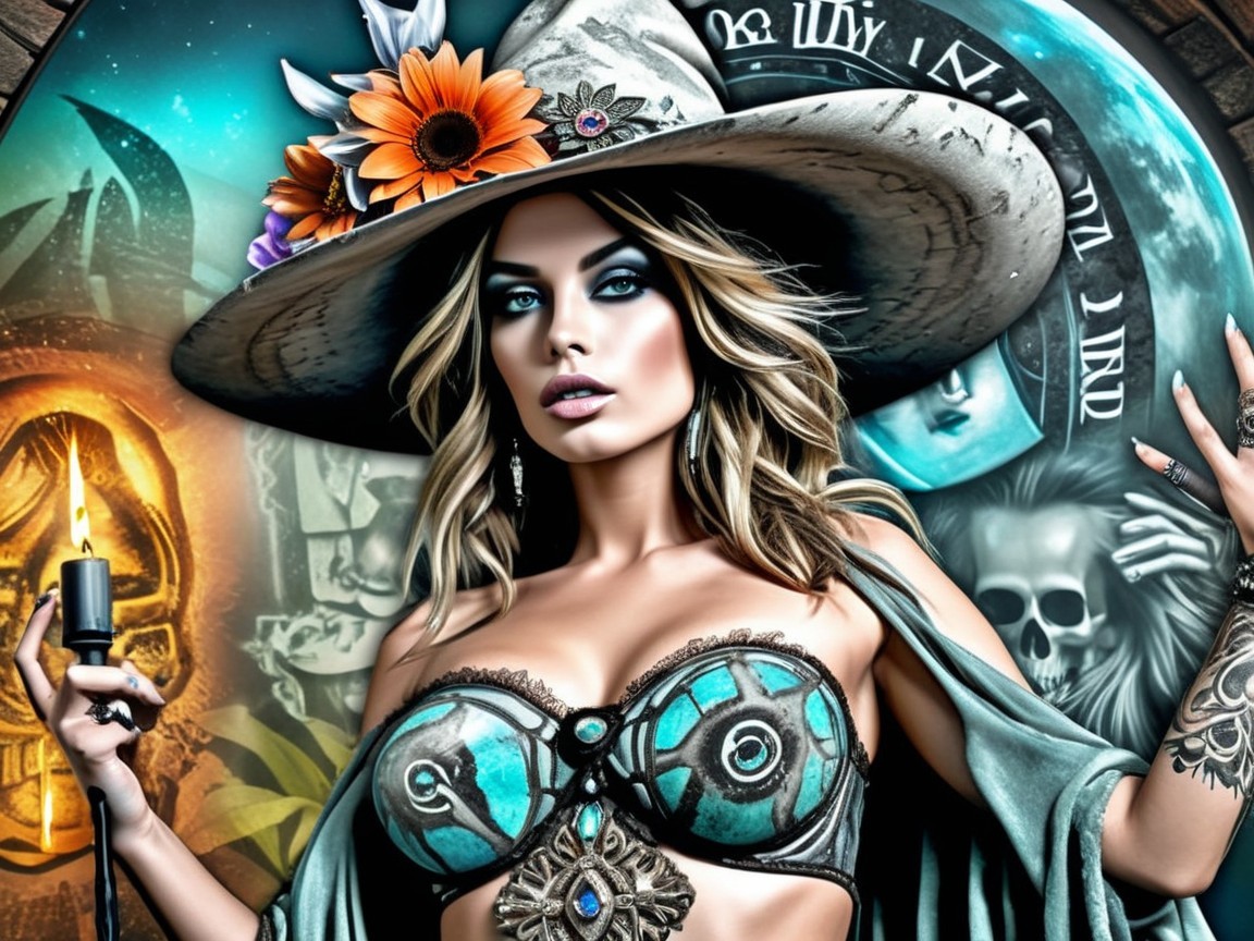 Confident Woman in Turquoise Outfit with Mystical Background
