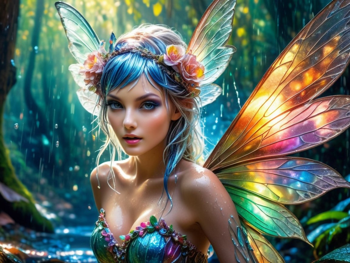 Fairy in Vibrant Forest with Iridescent Wings