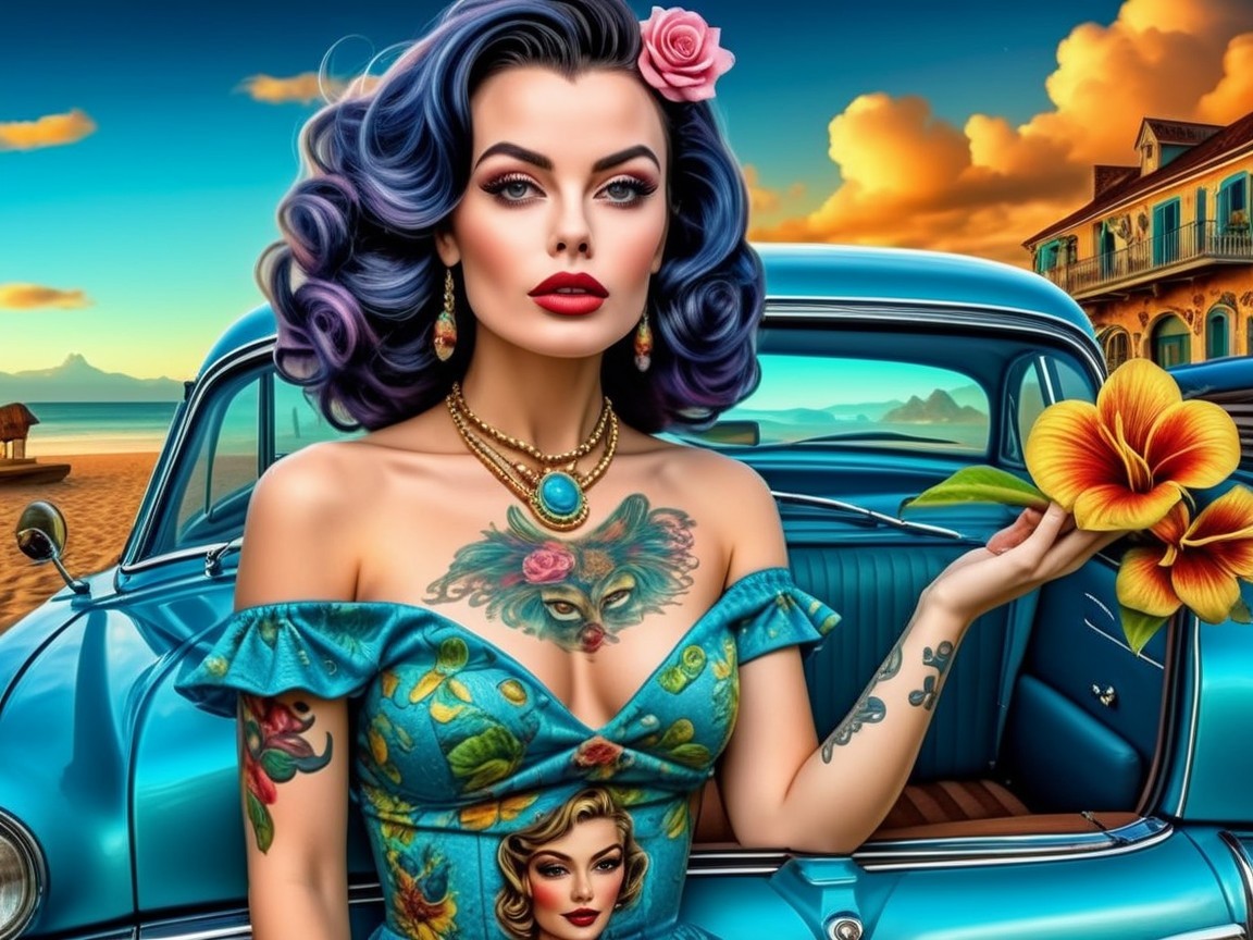 Glamorous Woman with Purple Curls by Vintage Car