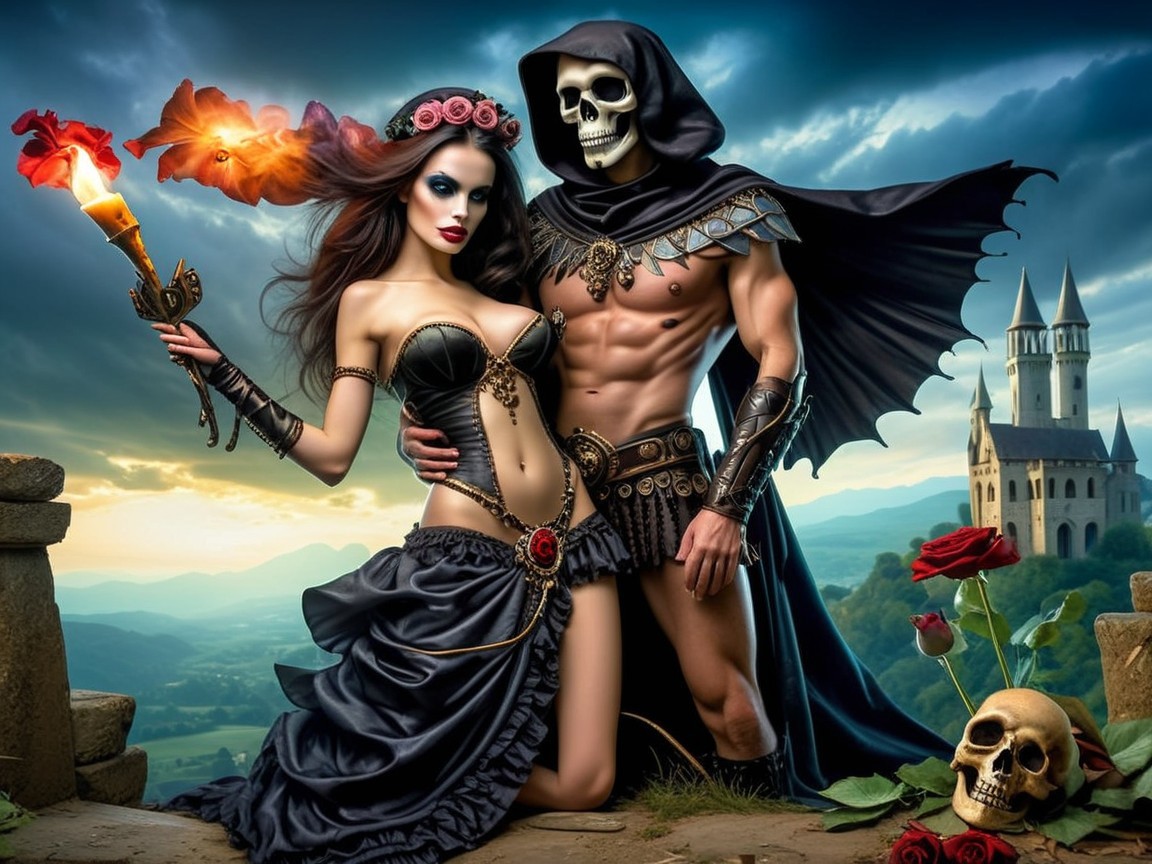 Dramatic Fantasy Scene with Gothic Castle and Couple