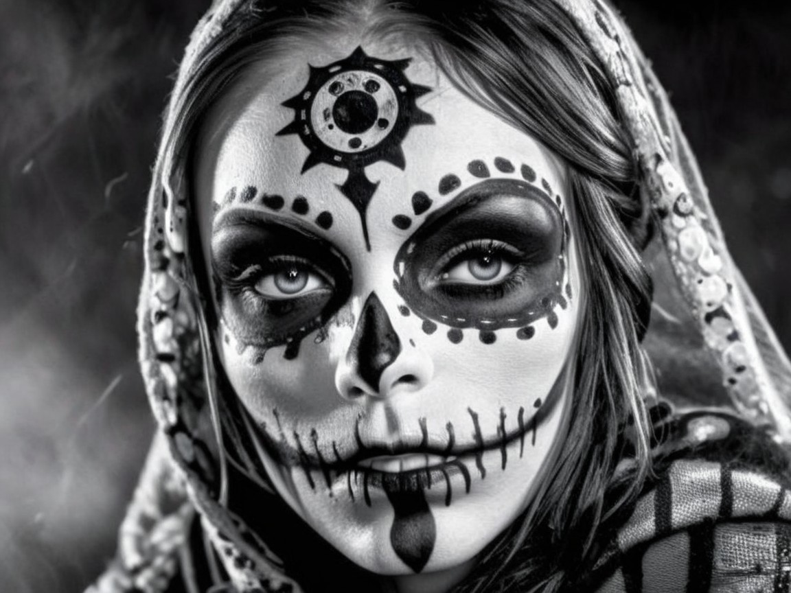 Close-Up Portrait of Woman with Sugar Skull Makeup