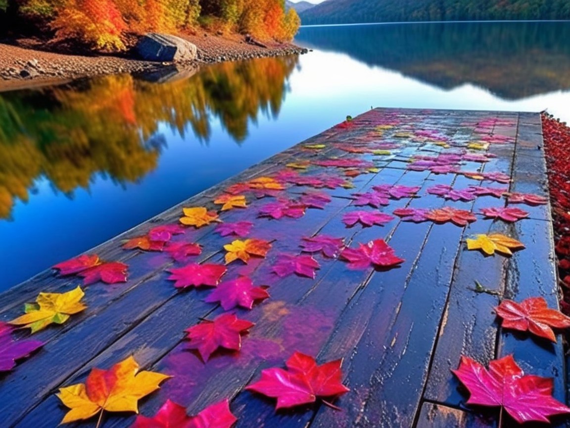 Tranquil Lakeside Scene with Autumn Foliage Reflection