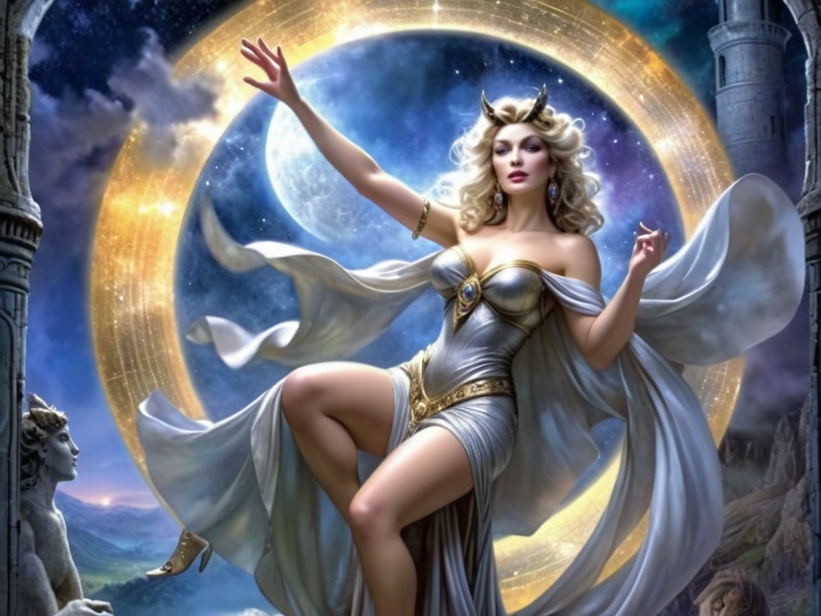 Majestic Figure in Silver Gown Against Celestial Backdrop