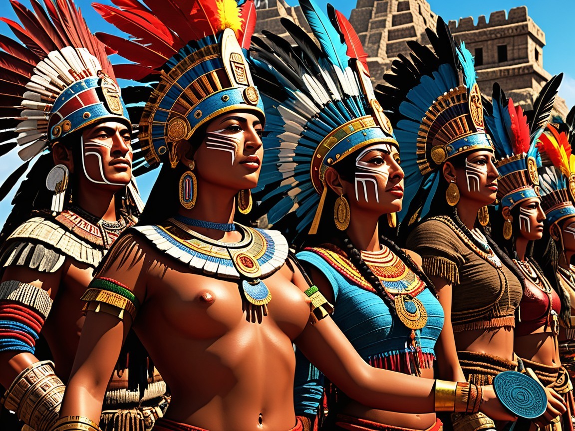 Women in Traditional Attire with Feathered Headdresses