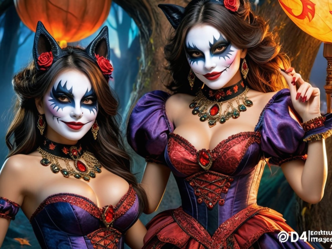 Elegant Gothic Costumes in Whimsical Halloween Setting