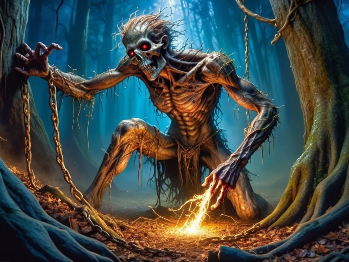 Skeletal Figure in a Dimly Lit Forest Setting