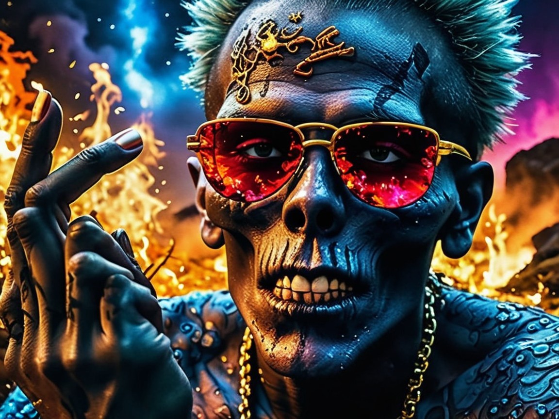 Skeletal Figure with Blue Skin and Fiery Background