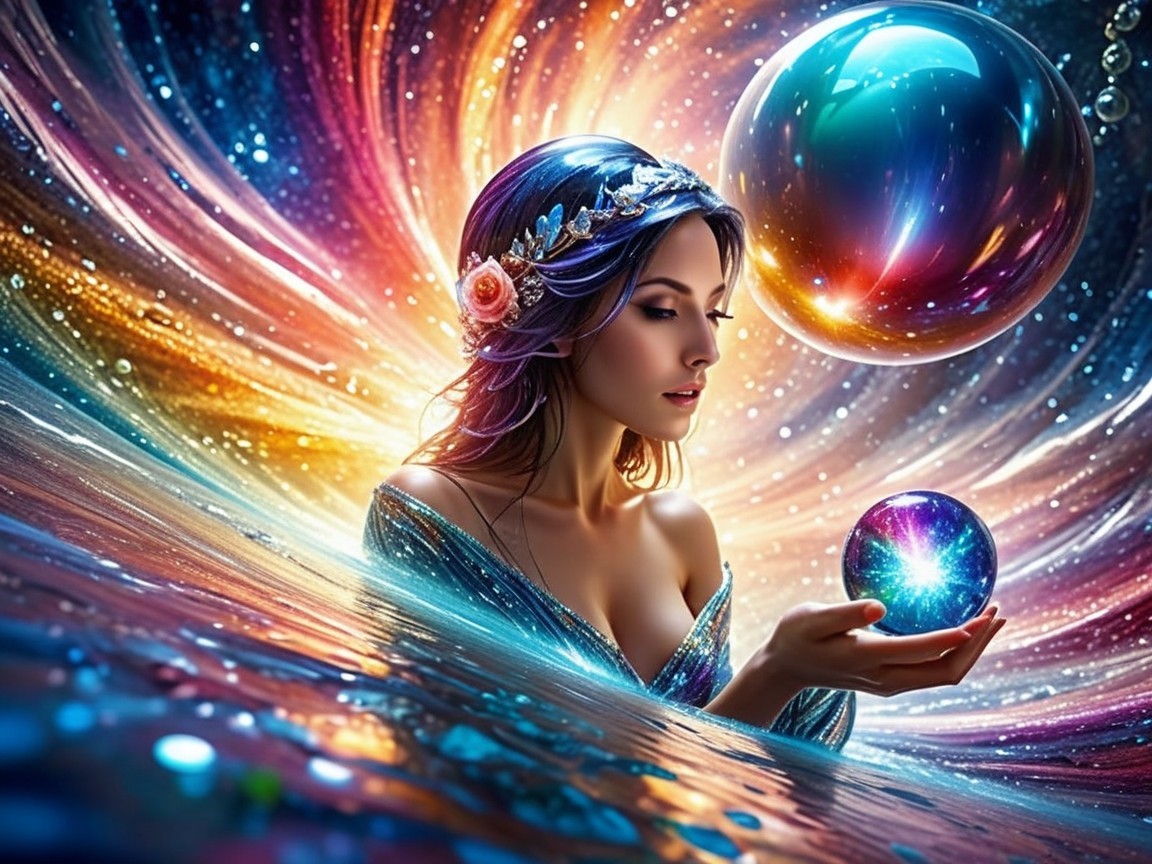 Ethereal Woman in Cosmic Setting with Glowing Orb