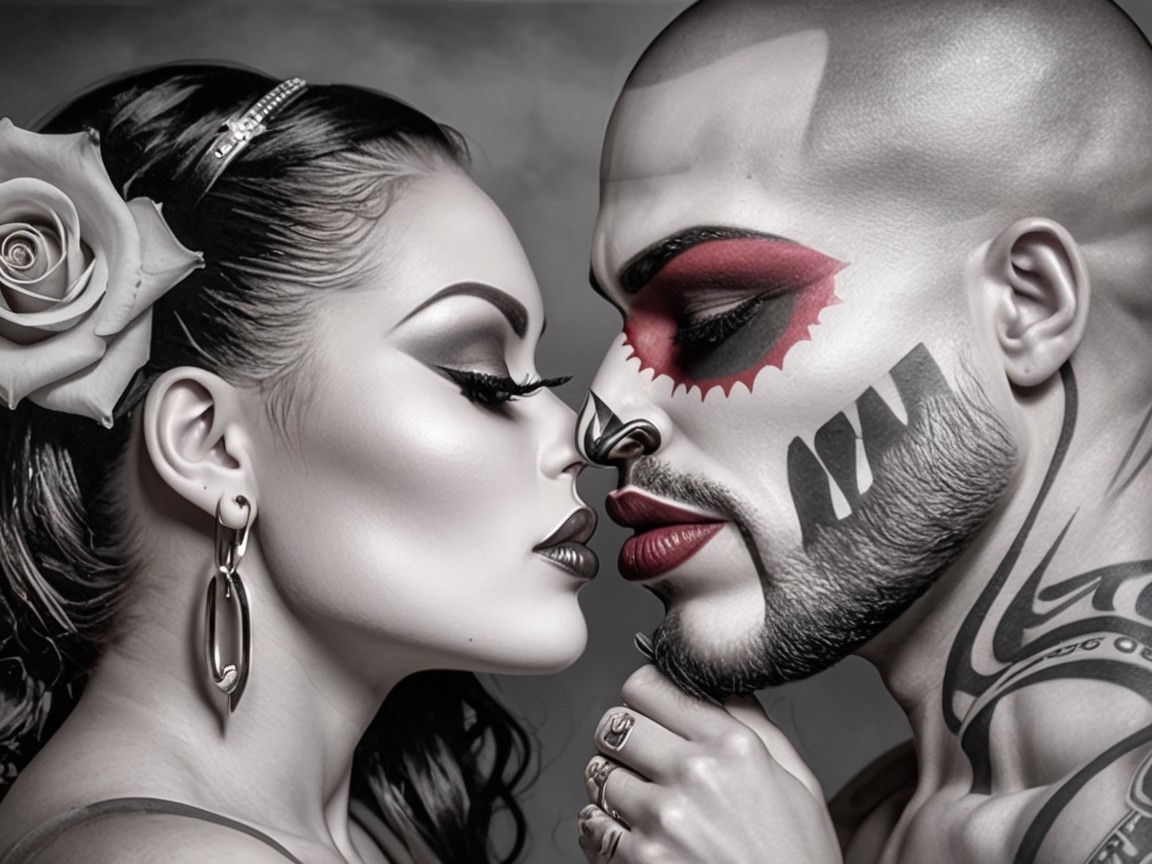 Black-and-white portrait of a couple with dramatic styling