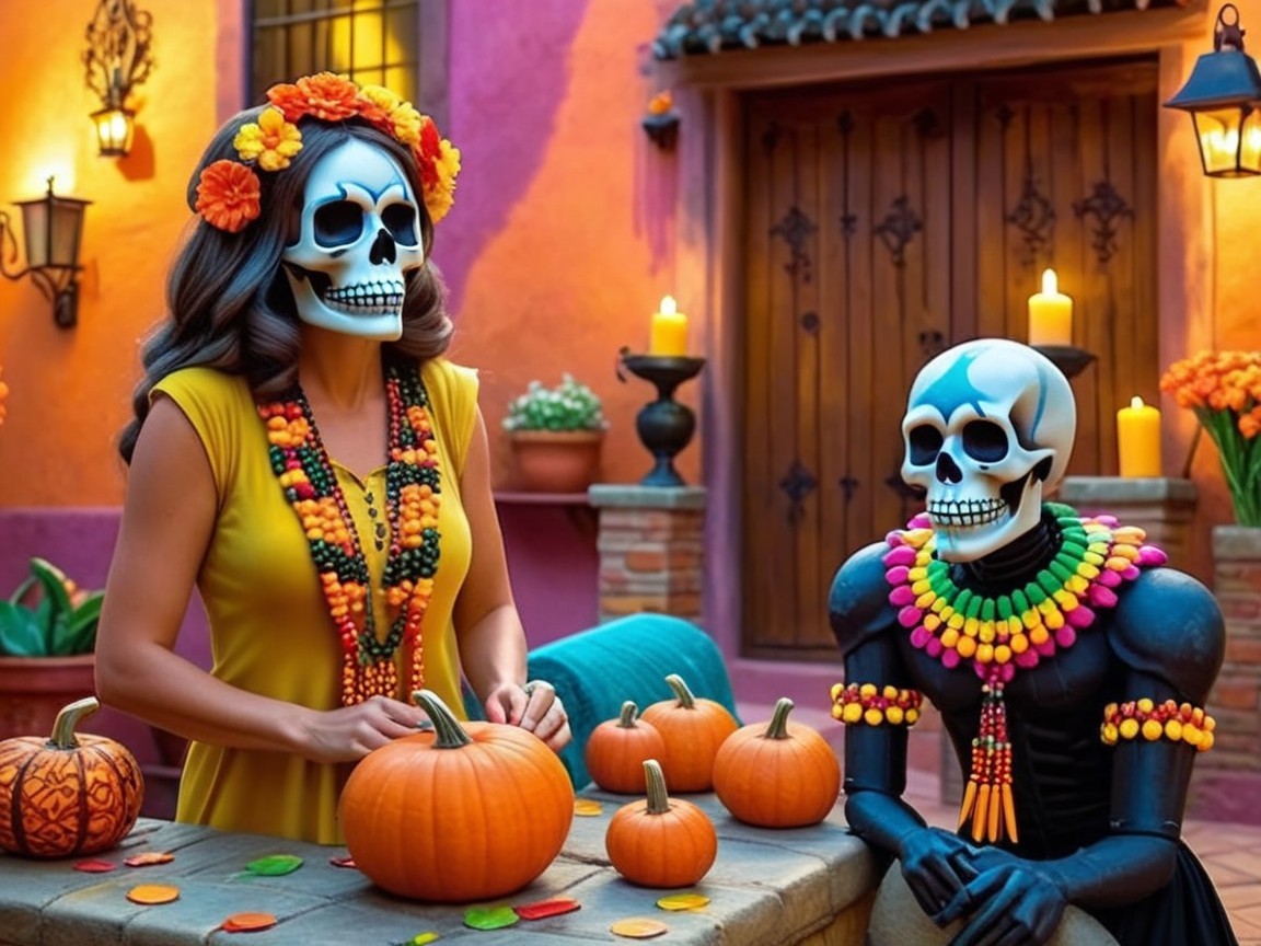 Festive Courtyard with Colorful Decorations and Figures