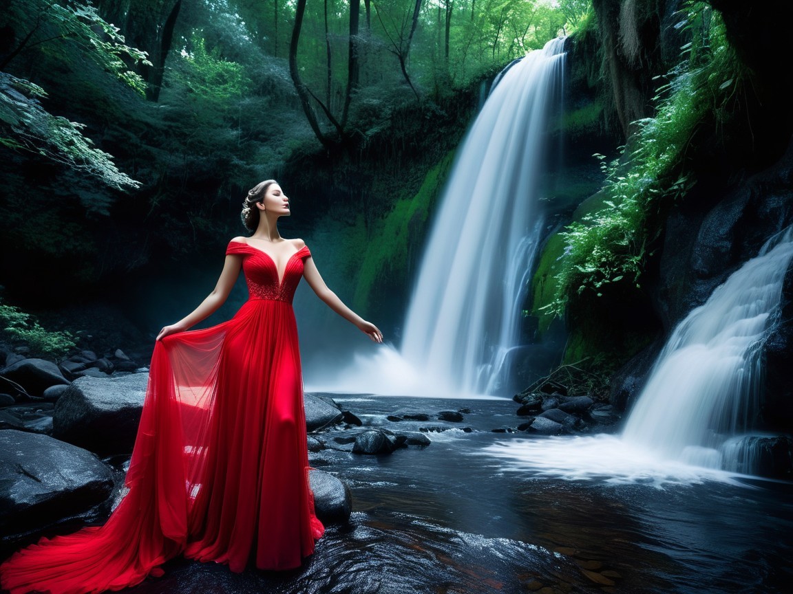 Woman in Red Gown by Serene Waterfall in Forest