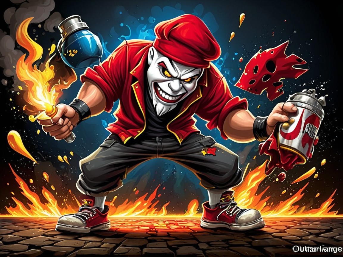 Cartoon Character in Flames with Torch and Spray Can