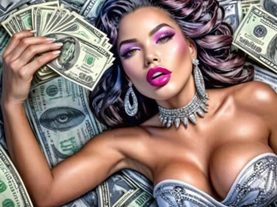 Glamorous Model Posing with Money and Bold Makeup