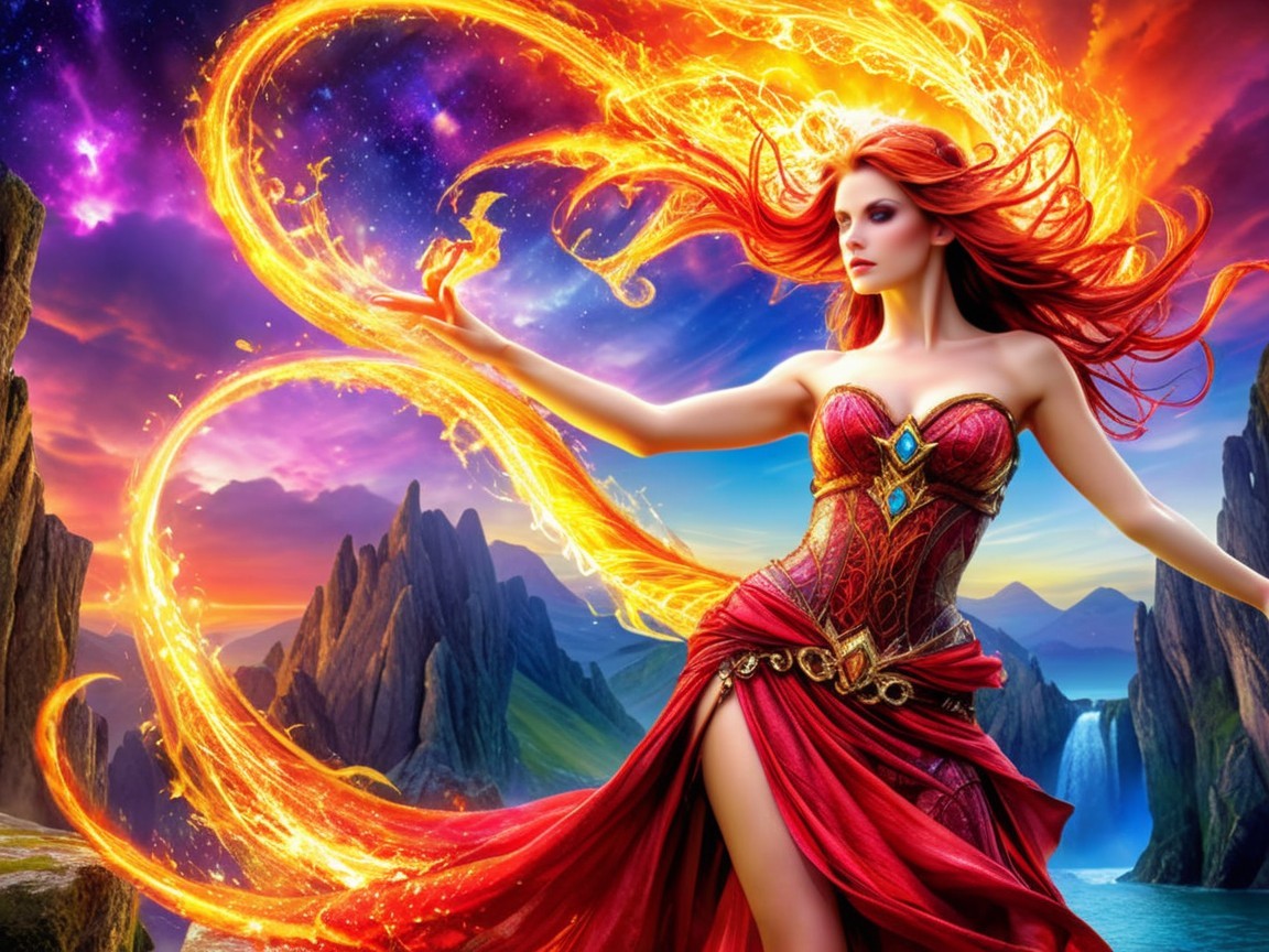 Mystical woman with flames in a vibrant landscape