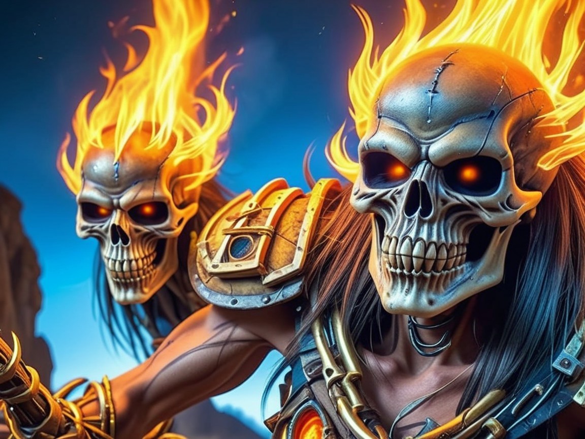 Skeletal Figures with Fiery Heads and Armor