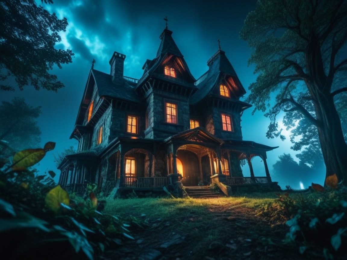 Gothic mansion under moonlight with eerie atmosphere