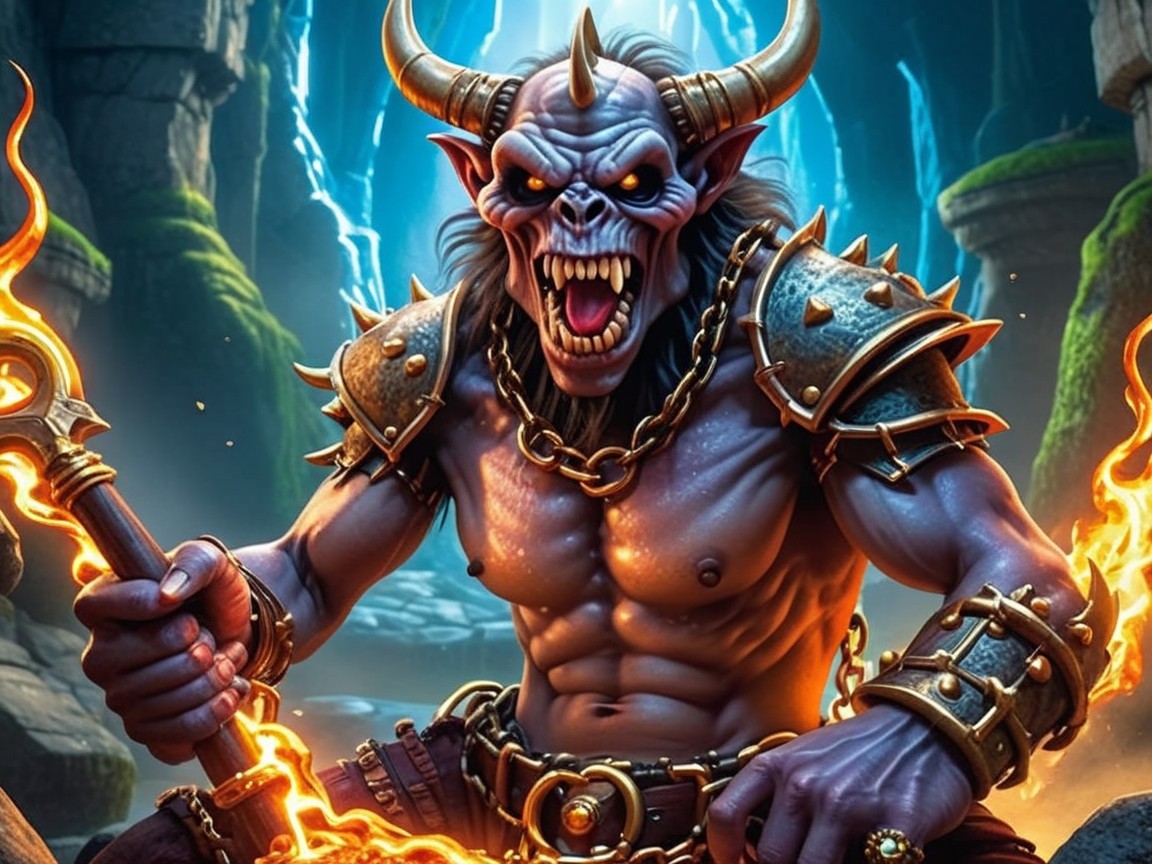 Muscular blue-skinned demon in a mystical cave setting