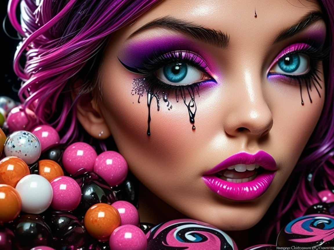 Close-up of a woman with pink hair and bold makeup