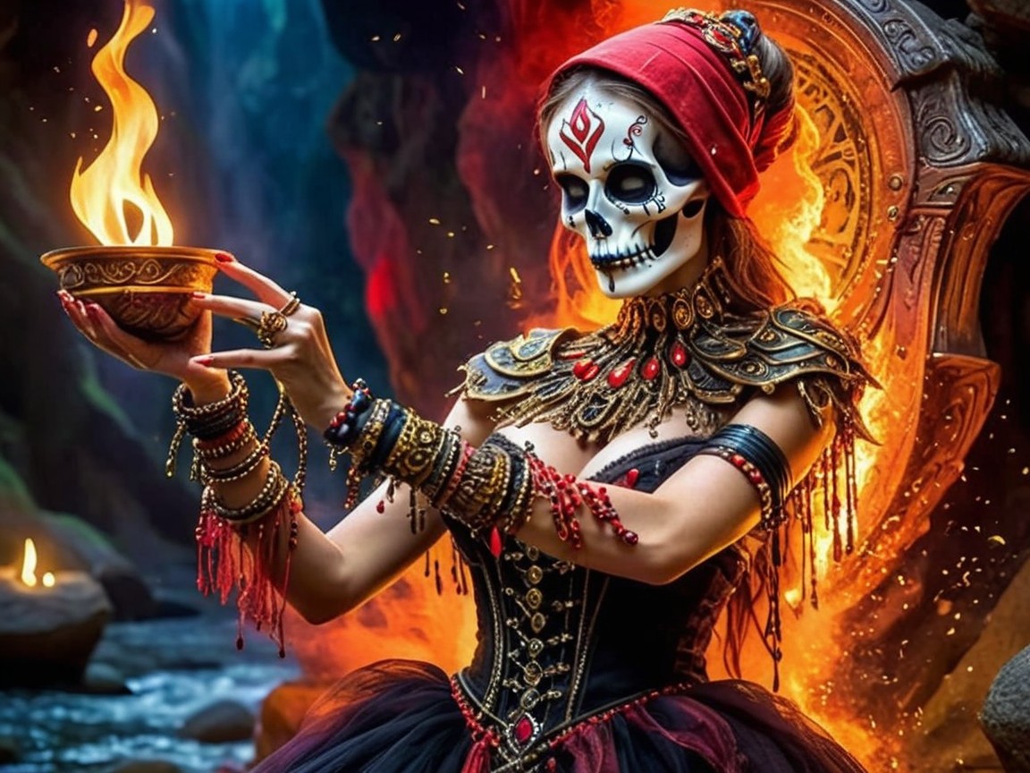 Mystical figure in black gown with skull face paint