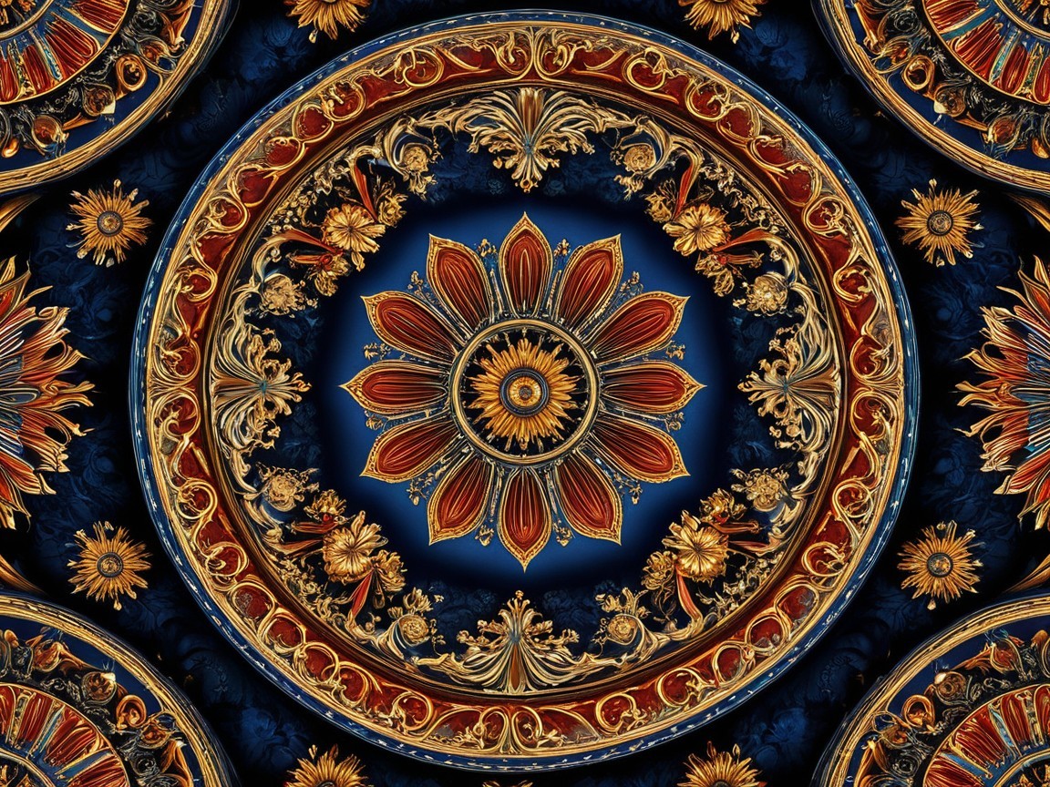 Symmetrical Floral Motifs in Gold, Red, and Blue