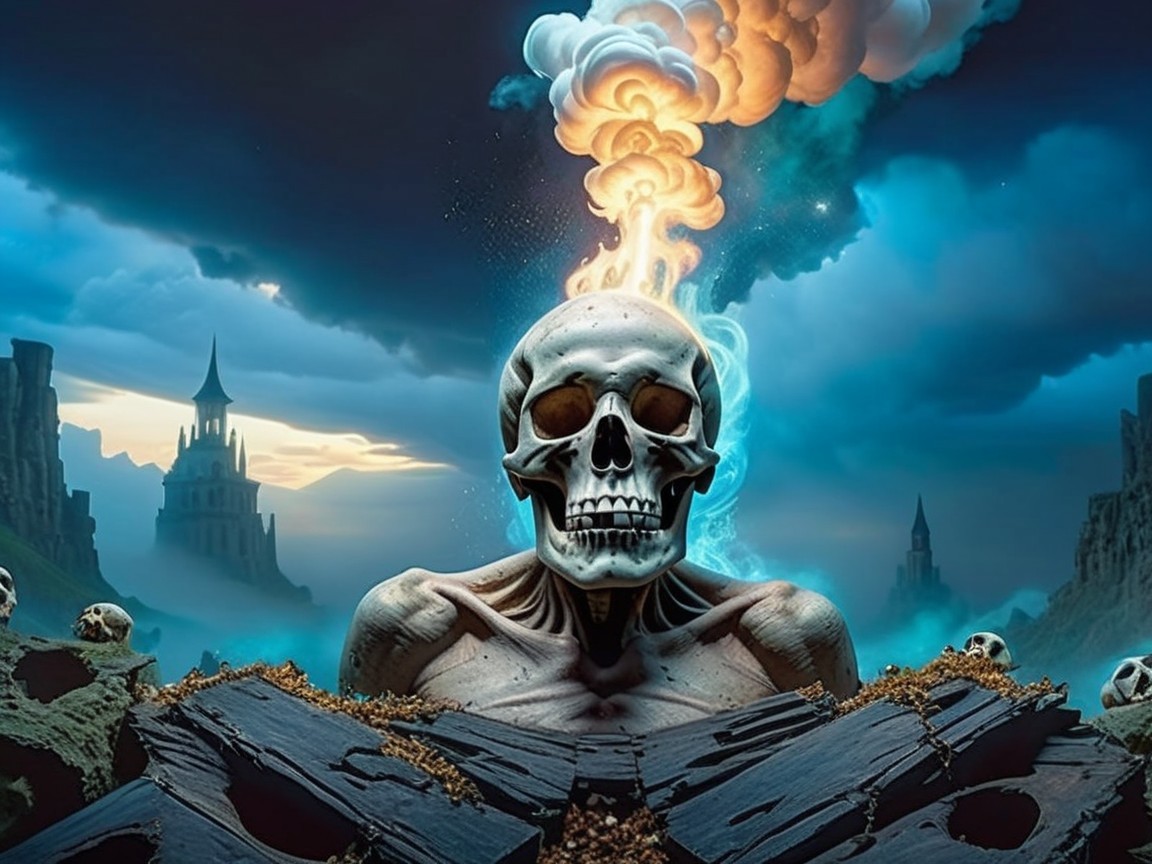 Skull with Colorful Smoke in Eerie Landscape Scene