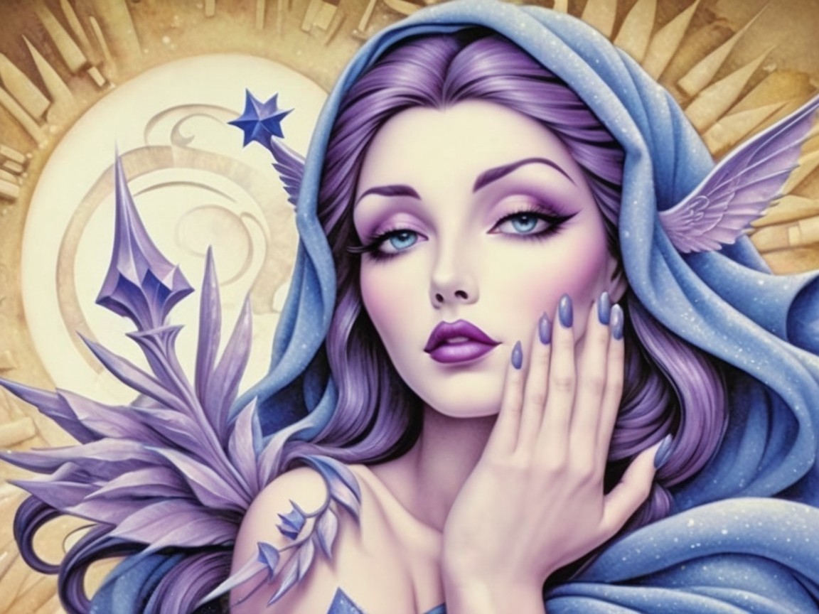 Ethereal Woman with Lavender Hair and Floral Motifs