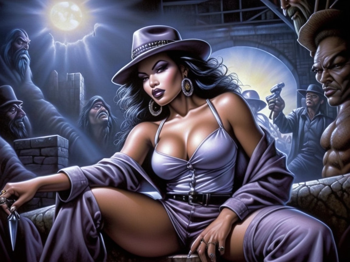 Confident Woman Surrounded by Shadowy Figures