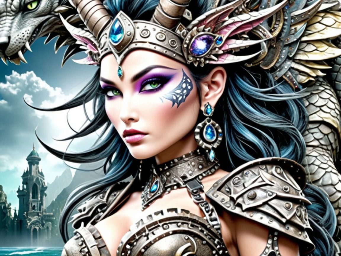 Fantasy Character with Green Eyes and Dragon Background