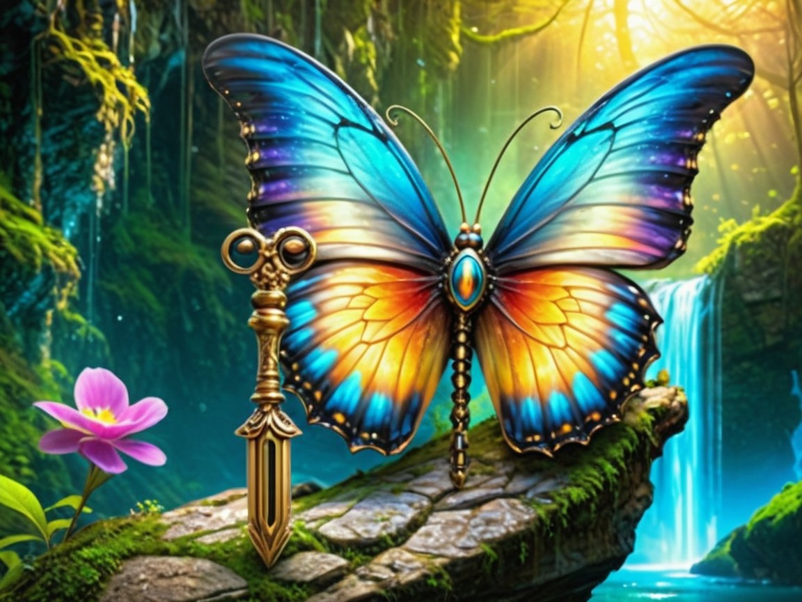 Butterfly and Golden Key by a Serene Waterfall