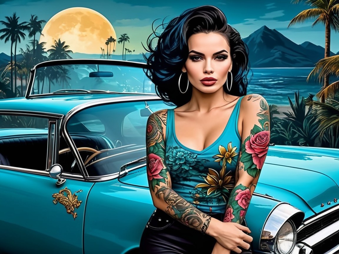 Stylish Woman with Tattoos by Vintage Turquoise Car