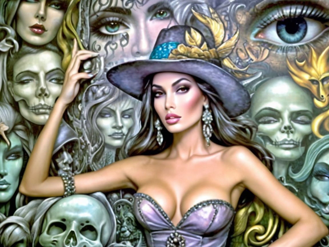 Striking Woman in Vibrant, Intricate Scene with Mystery