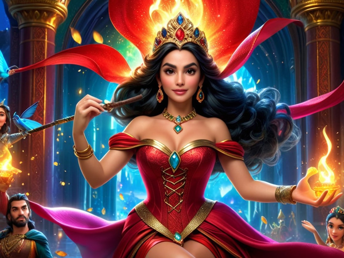 Majestic figure in red gown with fire and ethereal beings