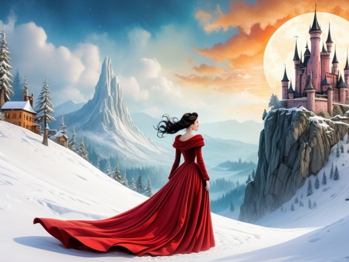 Woman in Red Gown in Snowy Landscape with Castle