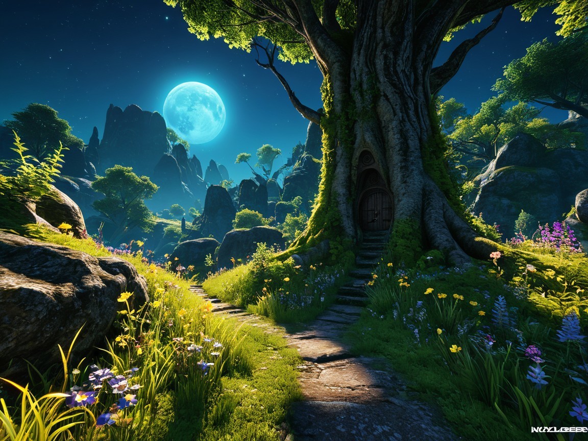 Fantastical Landscape with Ancient Tree and Moonlit Mountains