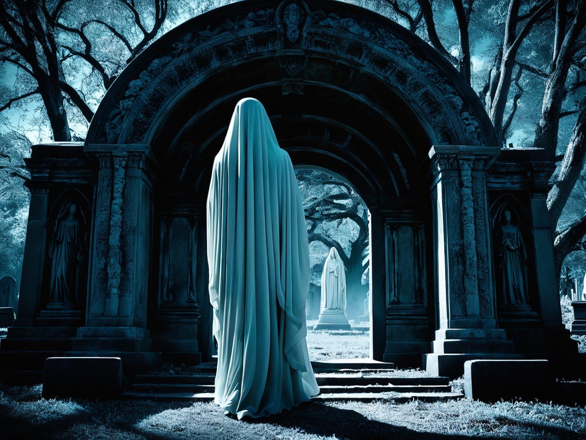 Cloaked Figure at Ornate Archway in Eerie Cemetery