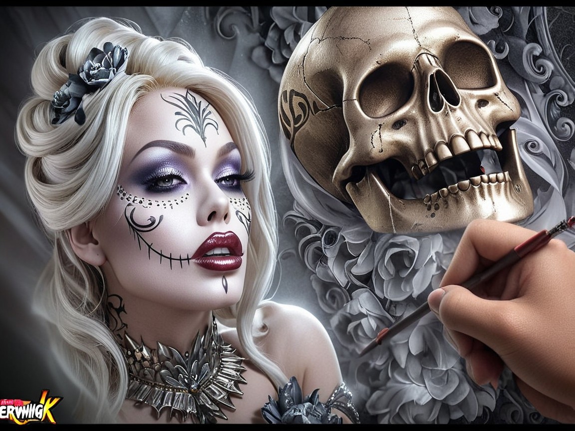 Portrait of a woman with sugar skull makeup and flowers