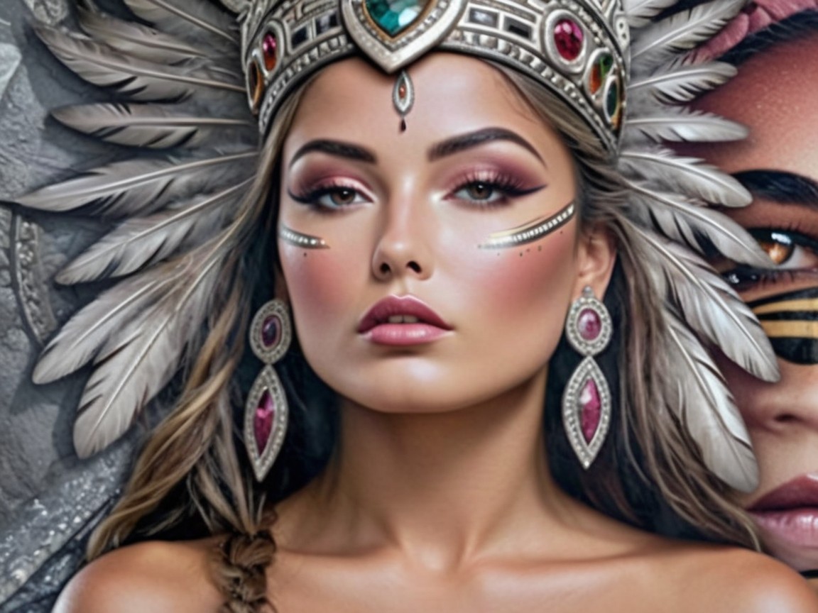 Portrait of a Woman with Feathered Headgear and Jewelry
