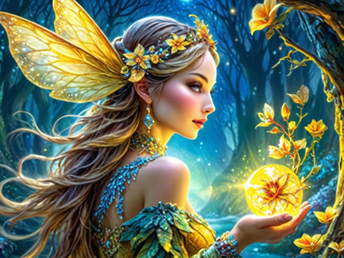 Mystical fairy in enchanting forest with glowing orb