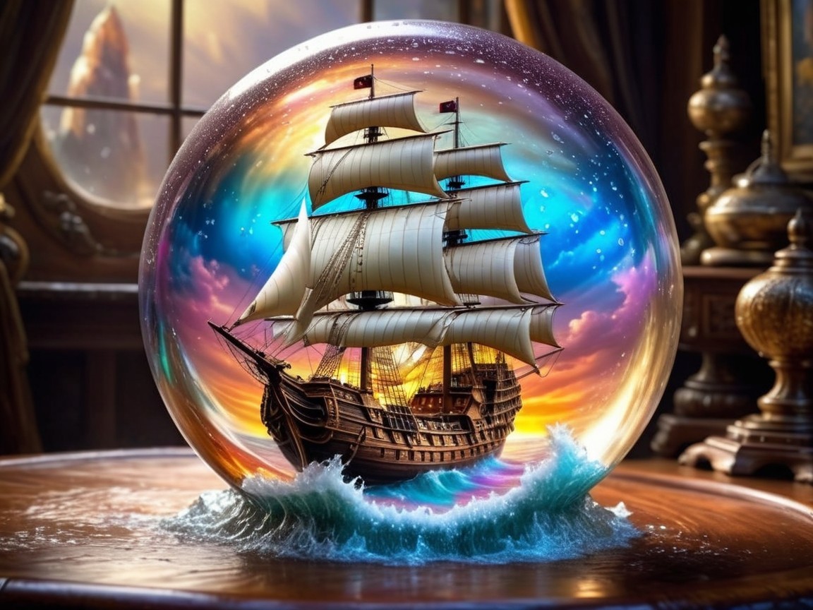 Crystal Globe with Ship and Colorful Sky Scene