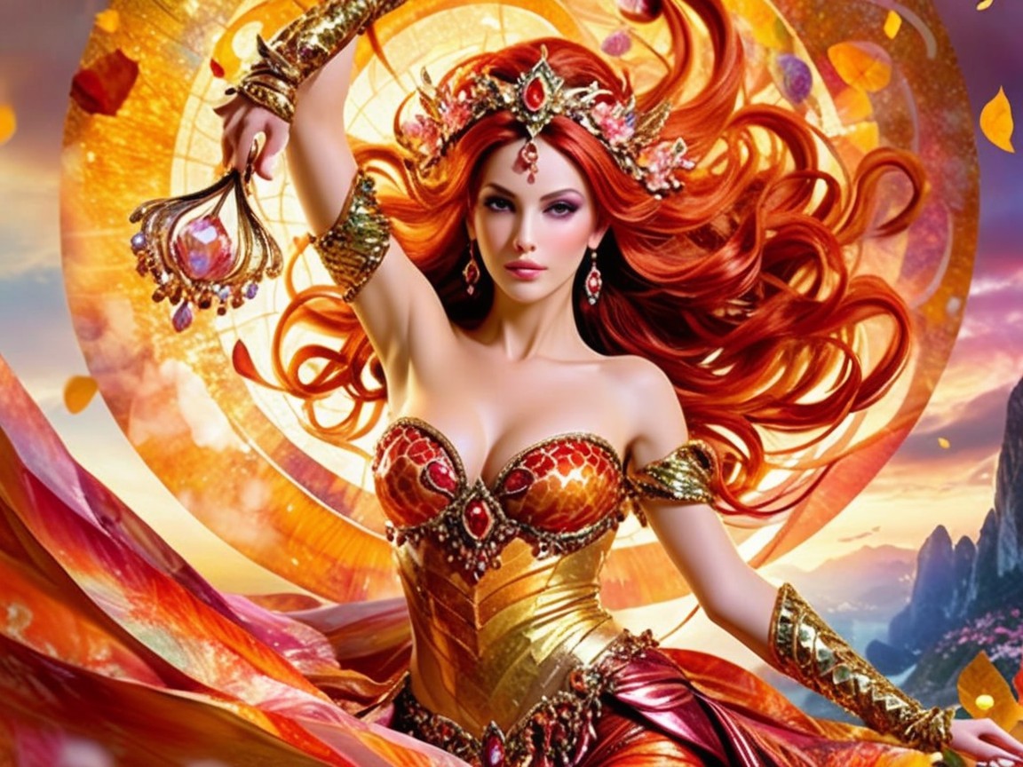 Fantasy Figure with Red Hair and Jewel-Adorned Costume