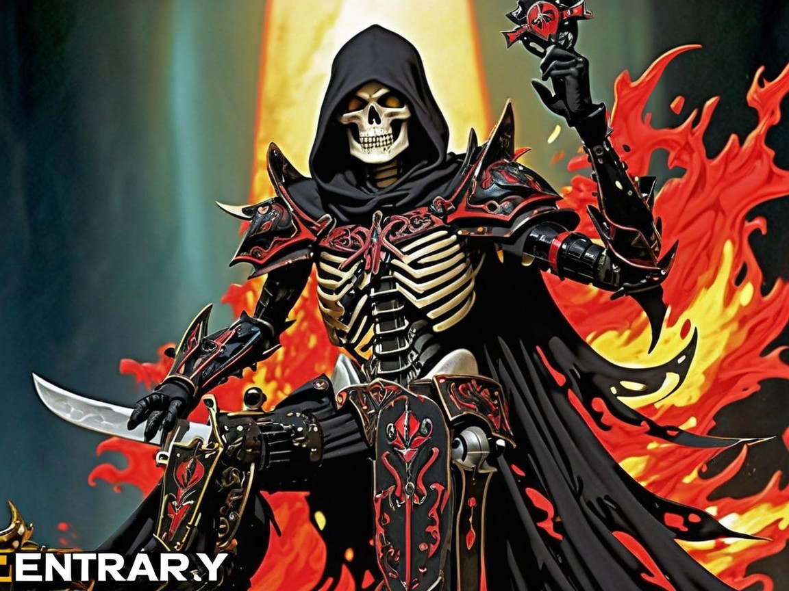 Skeletal Figure in Black and Red Armor on Throne of Flames