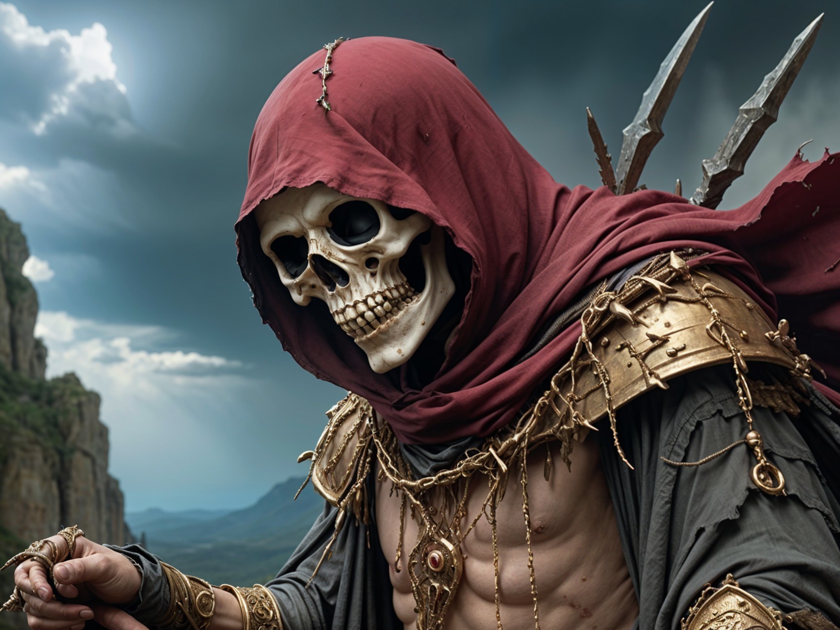 Mysterious Figure in Dark Robes Against Dramatic Sky
