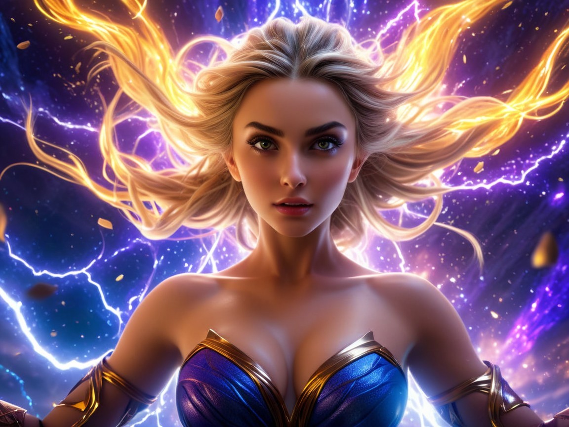 Confident Female Figure with Cosmic Energy Background