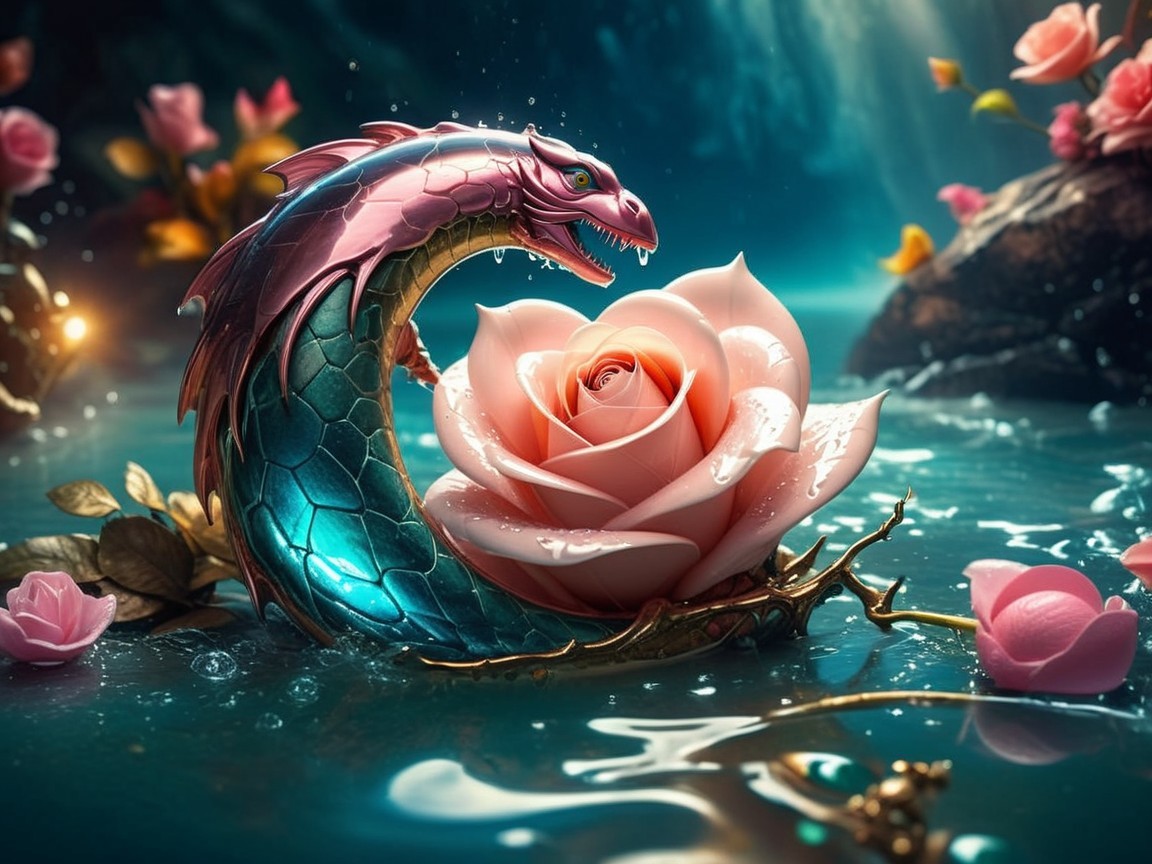 Vibrant Dragon and Blooming Rose in Serene Water