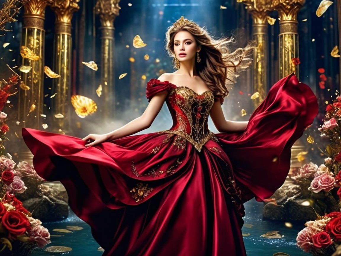 Elegant Woman in Off-Shoulder Red Gown Surrounded by Flowers