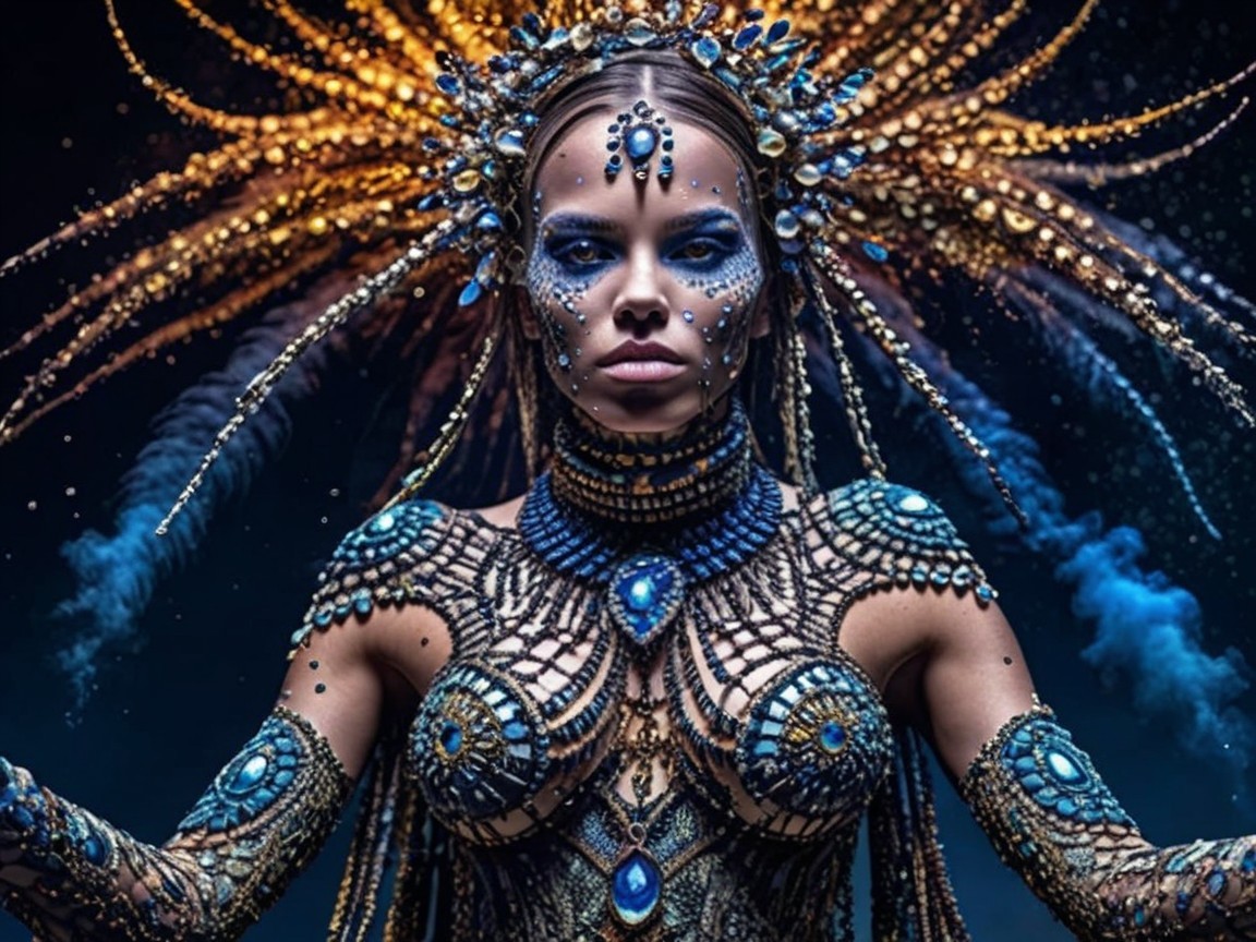 Adorned Figure with Body Art and Vibrant Colors